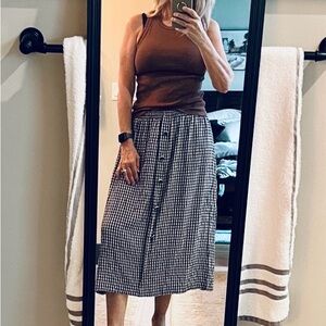 Vintage Checkered Plaid Navy Cream Pull On Midi Skirt Elastic Waist Sz large